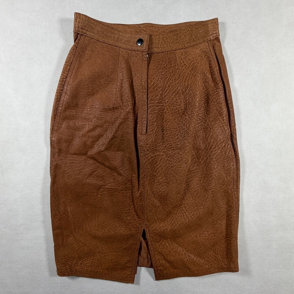 Winlit Vintage Size 5/6 Cognac‎ Brown Genuine Leather Pencil Skirt High Waisted